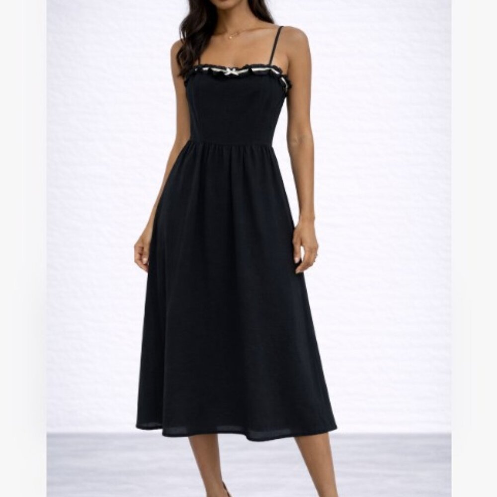 Liberty Love Black Ruched Back Midi Dress XL Bow Feminine Cottage Peasant Fairy